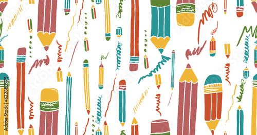 Pencils with scribbles seamless pattern. Hand drawn crayons collection. Colorful elements. Kids style drawing pencil. Doodle crayon. Cute wallpaper. Vector illustration on white background 