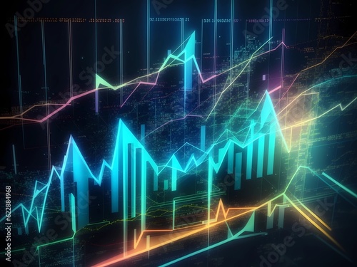 Business and Finance Up arrow Holographic economic chart. Image is generated with the use of an Artificial intelligence
