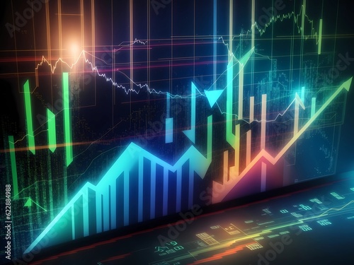 Business and Finance Up arrow Holographic economic chart. Image is generated with the use of an Artificial intelligence