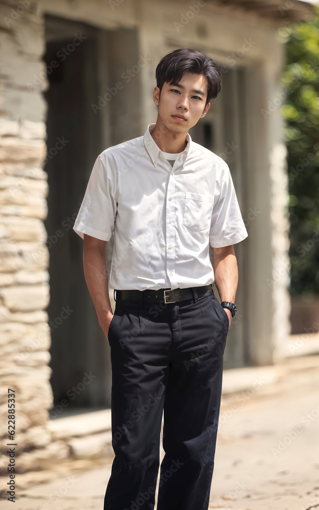Thai people in thailand technical college uniform white shirt and pant, generative AI
