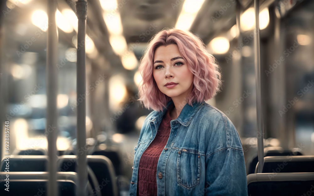 Fototapeta premium beautiful woman standing inside public bus transport, generative AI