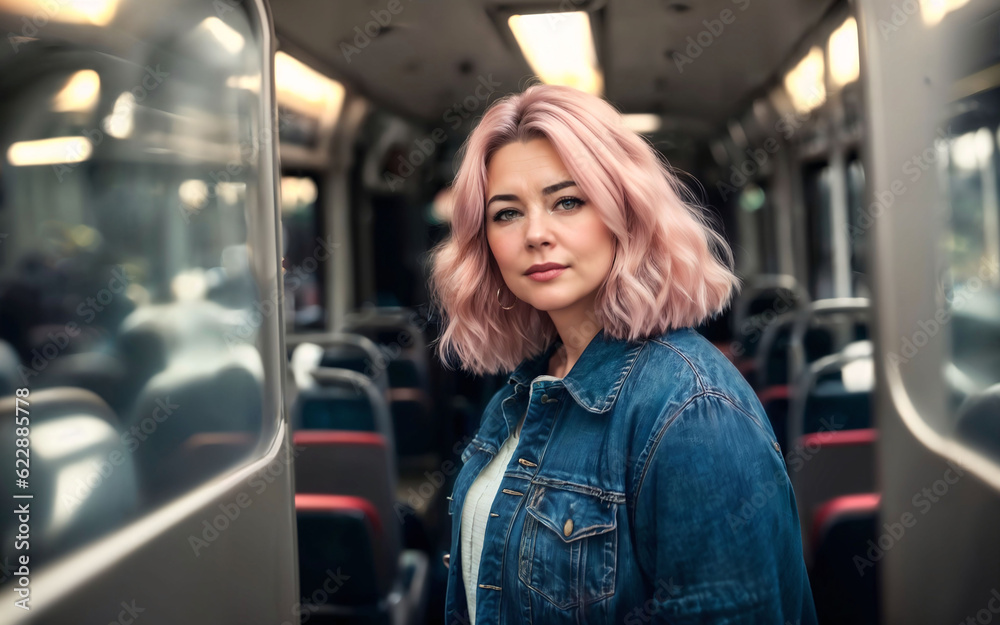 beautiful woman standing inside public bus transport, generative AI beautiful woman standing inside public bus transport, generative AI