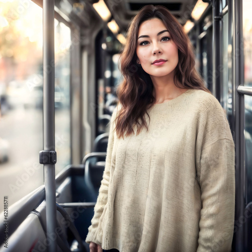 beautiful woman standing inside public bus transport, generative AI