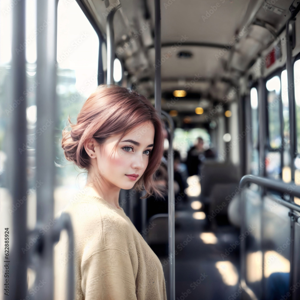 beautiful woman standing inside public bus transport, generative AI beautiful woman standing inside public bus transport, generative AI