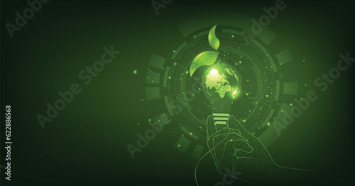 Concepts of environmental conservation. Hands holding green ecology light bulb on a dark green background. Vector illustration.	