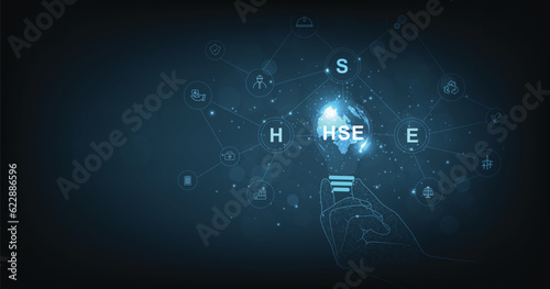 Health Safety and Environment (HSE) on the dark blue background. Health Safety Environment for Standard safe industrial work.