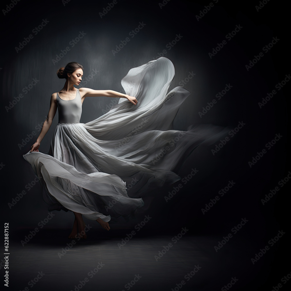 Ballerina Dancing with Silk Fabric, Modern Ballet Dancer in Fluttering Waving Cloth, Pointe Shoes, Gray Background Ballerina Dancing with Silk Fabric, Modern Ballet Dancer in Fluttering Waving Cloth, Pointe Shoes, Gray Background