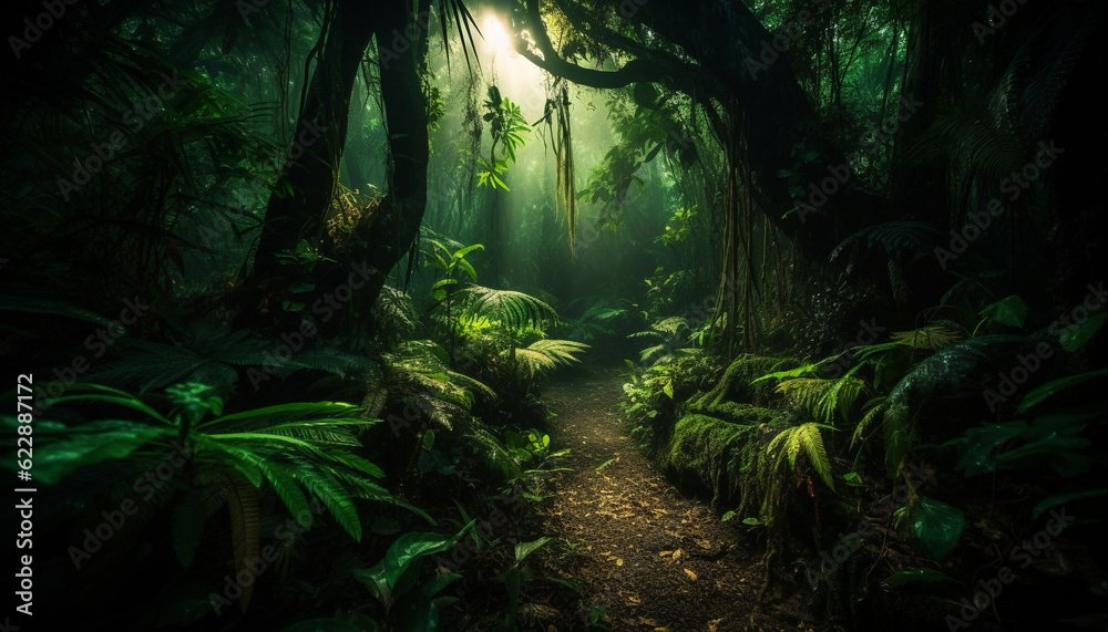 A mysterious footpath winds through the dark forest generated by AI