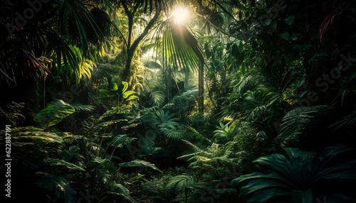 Green palm trees sway in tropical forest generated by AI