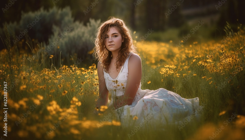 Smiling woman enjoys nature beauty in summer meadow generated by AI Smiling woman enjoys nature beauty in summer meadow generated by AI