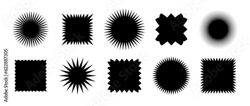 Zig zag edge square and circle shapes collection. Jagged patches set. Black graphic design elements for decoration, banner, poster, template, sticker, badge. Vector