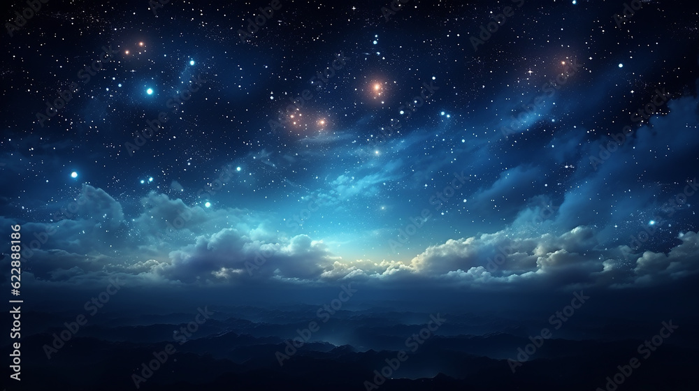Beautiful Nature Cloudscape with Foggy Clouds and Starlight on Blue Sky at Calm Night
