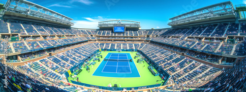 Perspective of Arthur Ashe Stadium with fans. US Open tennis tournament finals on blue and green court. Generative Ai content © Nataliia