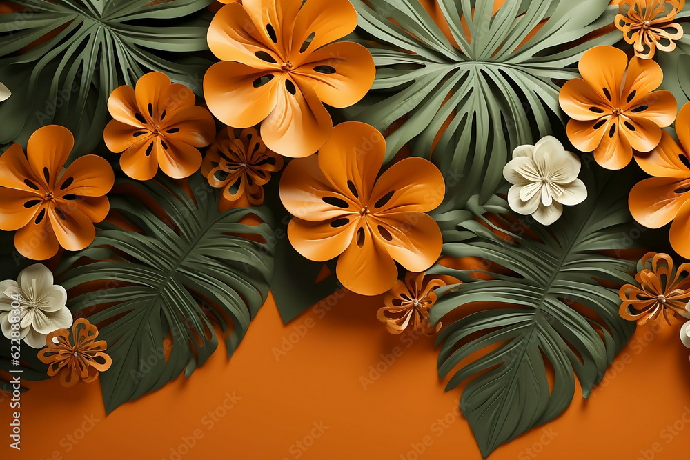 Areca palm plant and flowers in orange, white and green colors, with copy space, with orange background. Generative AI.