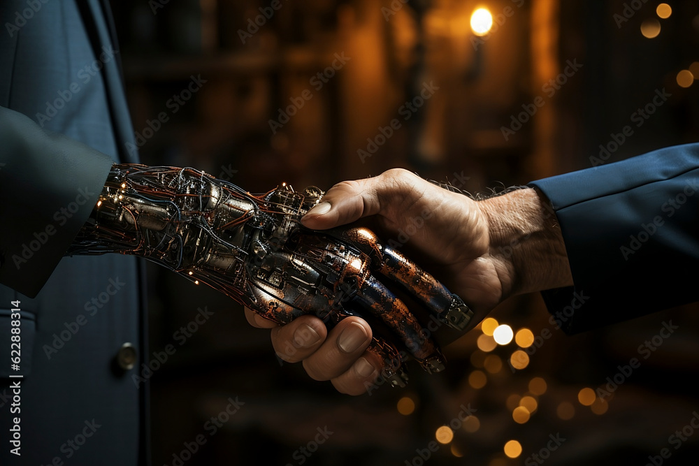 Human and robot shake hands. Human interaction with artificial intelligence. Generative AI.