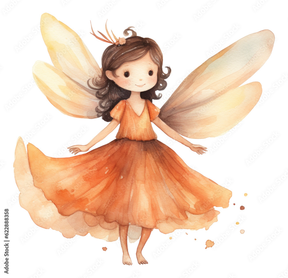 a watercolor illustration of a little fairy in a rustic orange dress and rustic orange wings isolated. a watercolor illustration of a little fairy in a rustic orange dress and rustic orange wings isolated.