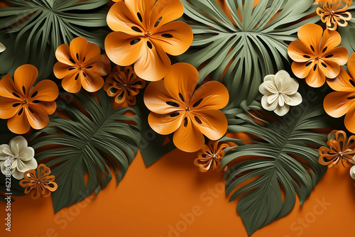 Obraz na płótnie Areca palm plant and flowers in orange, white and green colors, with copy space, with orange background. Generative AI. w salonie