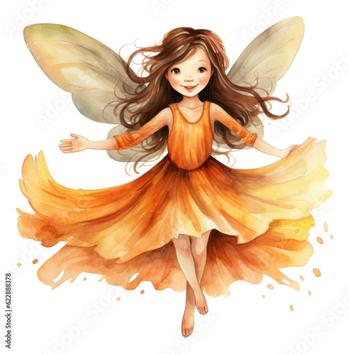 a watercolor illustration of a little fairy in a rustic orange dress and rustic orange wings isolated.