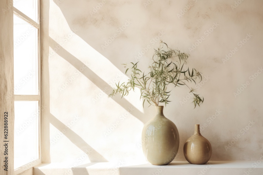 white spacious room in minimalist style with green plants.Generative AI white spacious room in minimalist style with green plants.Generative AI