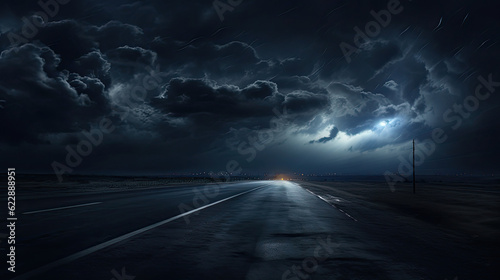 Night road against the background of cumulus clouds