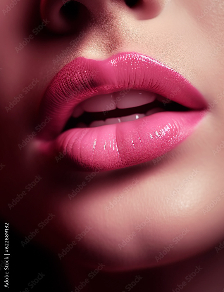 Obraz premium woman lips with pink lipstick and a sexually open mouth close-up. Beauty concept. Generative AI illustration