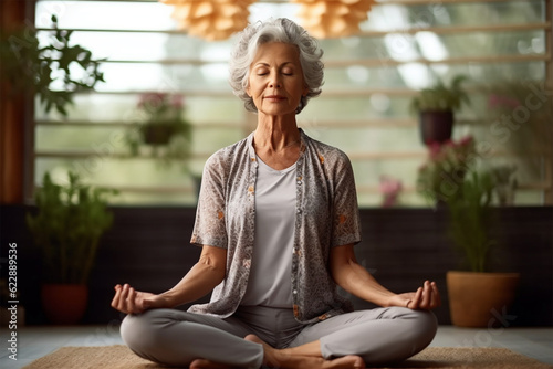 Senor woman with short gray hair is engaged in meditating on a mat at home. The concept of an attractive beautiful elderly woman, a mature woman with an active lifestyle.Generative AI 