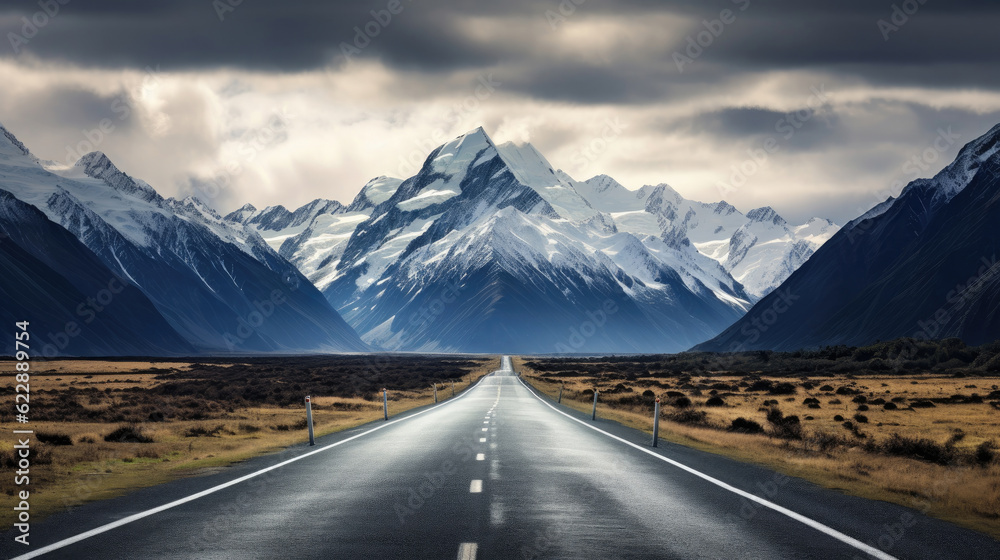 The road to Mount Cook Aoraki high peak mountain New Zealand