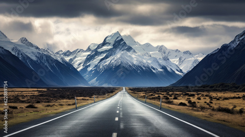 The road to Mount Cook Aoraki high peak mountain New Zealand