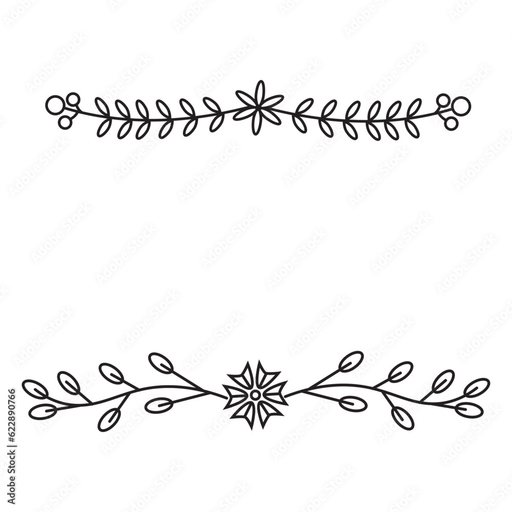 Floral Divider, Borders with Branches, Herbs, Plants and Flowers. Decoration Outline Vector Illustration. Flower Divider Collection
