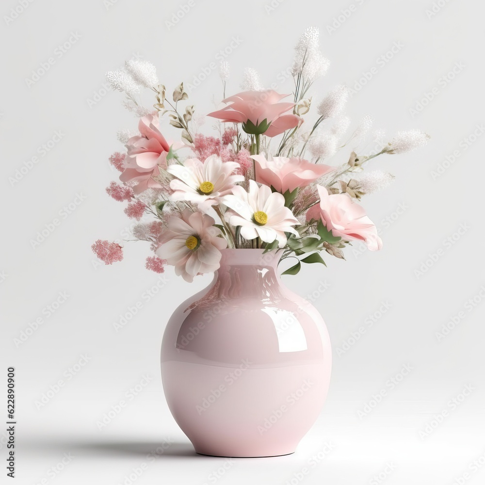 Light pink and white wildflowers carnations pink vase white background