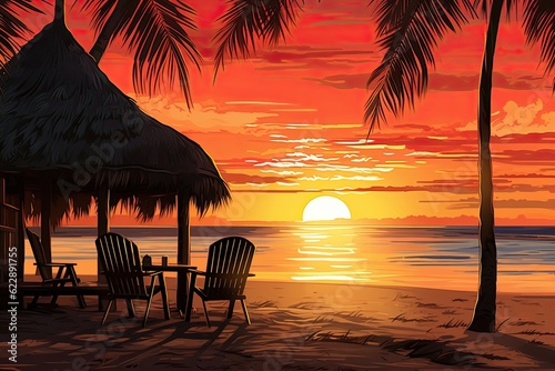 On the beach, a thatched-roof hut with palm trees, sunset. (Generative AI)