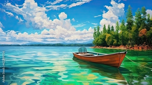 A digital painting depicting a sunny tropical island with palm trees, a boat, blue sky, and clouds. (Generative AI) © HandmadePictures