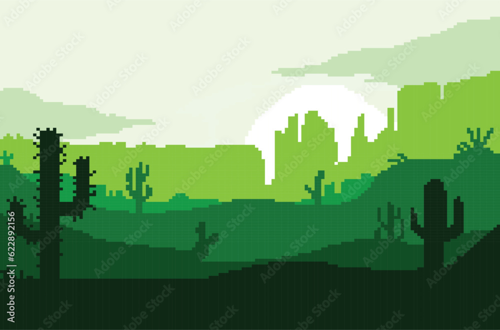 pixel art of a green natural landscape with a clear sky
