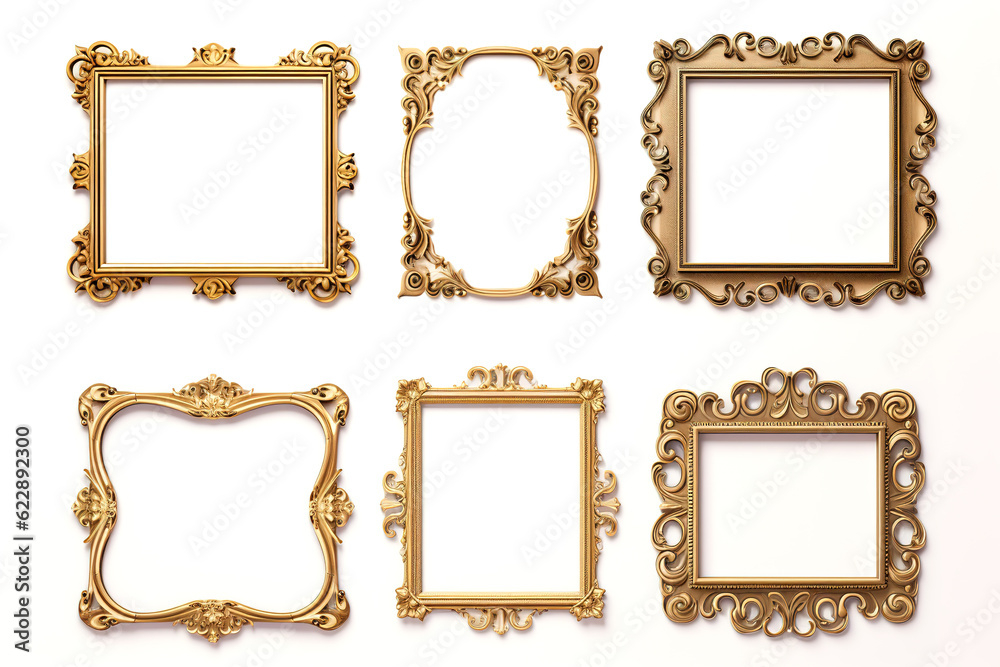 Image of picture gold frames collection on a white background. Illustration, Generative AI. Image of picture gold frames collection on a white background. Illustration, Generative AI.