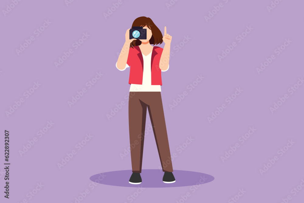 Character flat drawing pretty woman photographer using professional camera, pointing up her finger. Female standing and giving count gesturing for taking pictures. Cartoon design vector illustration