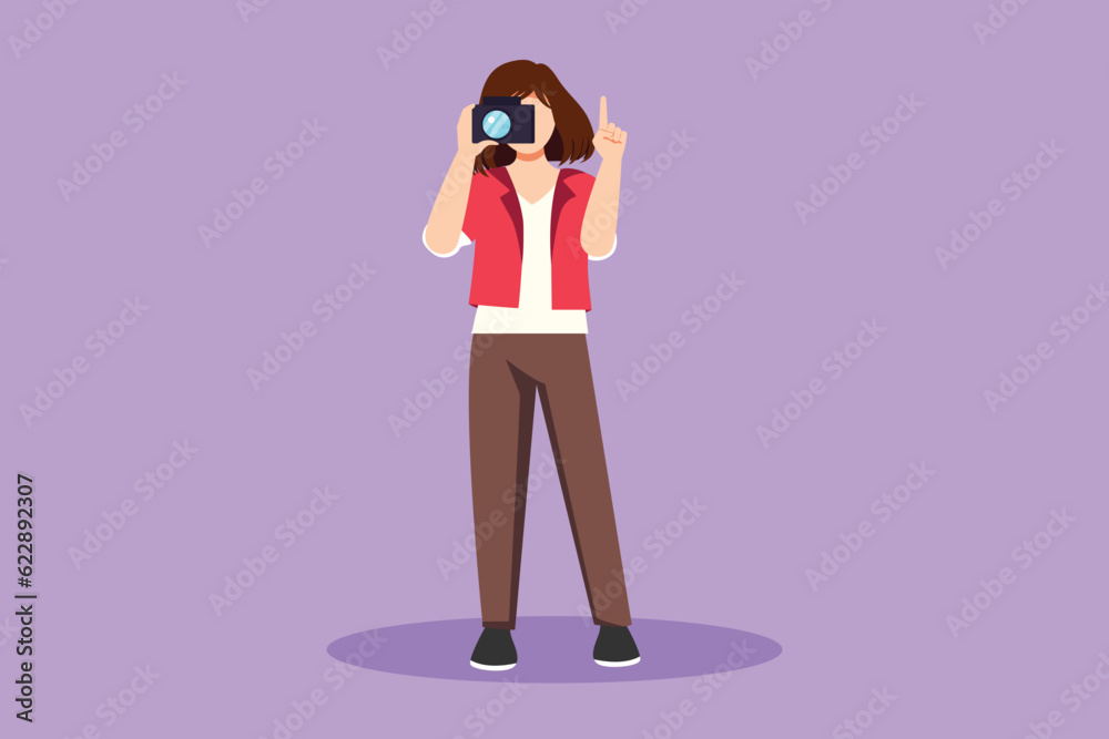 Character flat drawing pretty woman photographer using professional camera, pointing up her finger. Female standing and giving count gesturing for taking pictures. Cartoon design vector illustration Character flat drawing pretty woman photographer using professional camera, pointing up her finger. Female standing and giving count gesturing for taking pictures. Cartoon design vector illustration