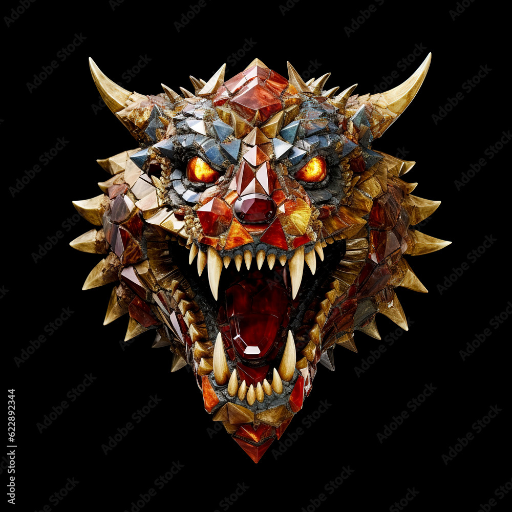 A dragon head made of beautiful gemstones. Mythical creatures. Decorations. Illustration, Generative AI. A dragon head made of beautiful gemstones. Mythical creatures. Decorations. Illustration, Generative AI.
