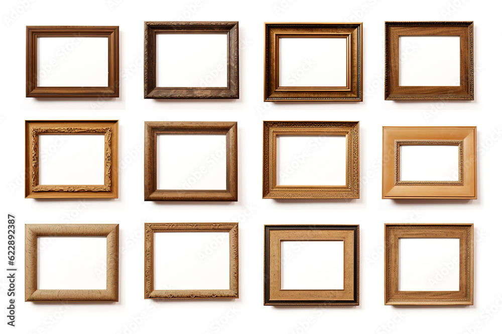Image of picture frames collection on a white background. Illustration, Generative AI.