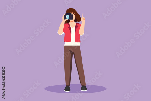 Character flat drawing pretty woman photographer using professional camera, pointing up her finger. Female standing and giving count gesturing for taking pictures. Cartoon design vector illustration