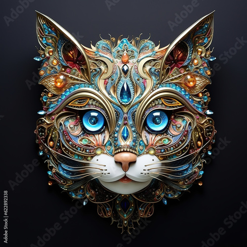 A cat face made of beautiful gemstones. Pet. Animals. Illustration, Generative AI.