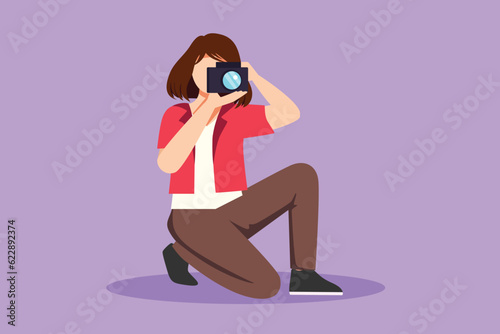 Cartoon flat style drawing happy woman photographer is taking photo using dslr camera. Pretty female character standing full length and shooting. Studio photography. Graphic design vector illustration