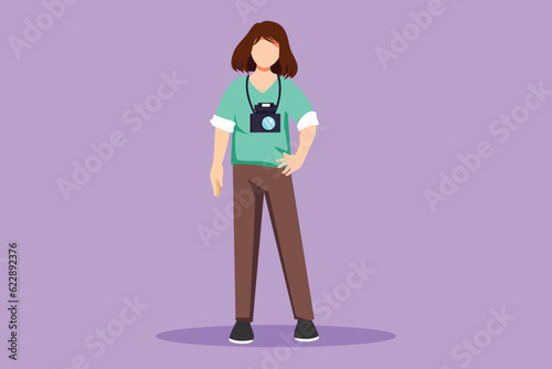 Cartoon flat style drawing beautiful female photographer standing with camera digital photo. Pictures made by employees, photographs by cameraman. Woman experts job. Graphic design vector illustration