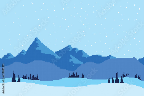 Printwinter pixel art image, there is a beautiful high mountain surrounded by pine trees covered in snow
