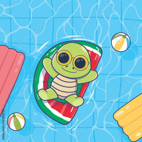 Cute turtle floating with watermelon pool floatie. animal summer icon concept isolated