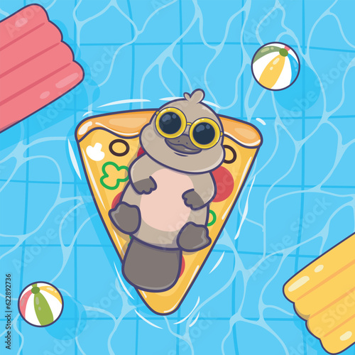 Cute platypus floating with swimming pizza. animal summer icon concept isolated