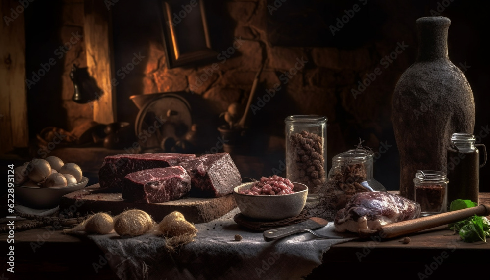 Fototapeta premium Rustic gourmet meal cooked indoors on wood generated by AI