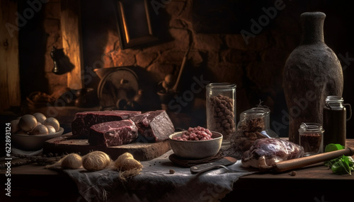 Rustic gourmet meal cooked indoors on wood generated by AI