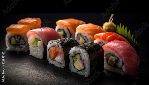 Gourmet seafood meal, freshness rolled up in maki generated by AI