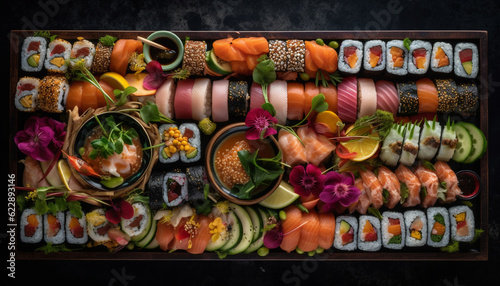Gourmet sushi plate with fresh seafood variation generated by AI