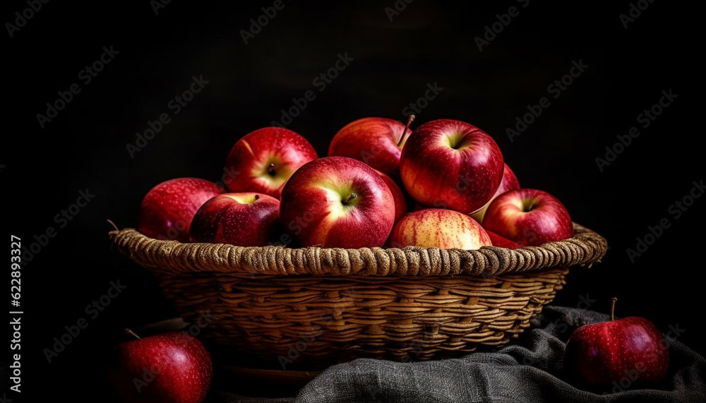 Organic apple harvest in wicker basket, refreshing snack generated by AI Organic apple harvest in wicker basket, refreshing snack generated by AI